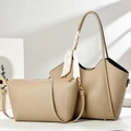 Minimalist large capacity tote and crossbody bag set in beige faux leather with scarf - Light Khaki