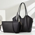 Black lychee leather tote bag set with checkered scarf and gold hardware accents - Black