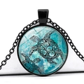 Black plated ocean turtle glass gem pendant necklace with tribal sea turtle pattern - Sea Turtle Pattern (XSWX3529-9)