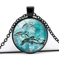 Round glass pendant necklace featuring blue artistic ocean dolphin motif and black chain - Dolphin Pattern (XSWX3529-10)
