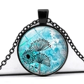 Vintage round pendant necklace featuring a black frame and blue dandelion pattern - Dandelion Pattern (XSWX3529-11)