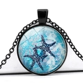 Nautical necklace featuring a round glass dome pendant with blue starfish design - Starfish Pattern (XSWX3529-12)