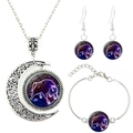 Silver Taurus constellation jewelry set with crescent moon necklace and glass charms - Taurus