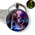 Luminous twelve constellations keychain with purple star sky pattern and metal ring - Aquarius