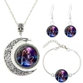 Silver Virgo jewelry set with moon pendant, earrings and bracelet featuring starry glass - Aquarius