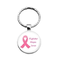 Pink ribbon keychain with silver metal pendant and Fighter Hope Love glass cabochon - Fighter Hope Love Script Style (XSWX42892-8)