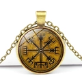 Bronze Viking Vegvisir compass pendant necklace with glass cabochon and link chain - Viking Compass Pattern Style (JY006278-2)