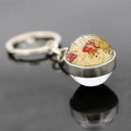 Porte-clés en métal argenté avec pendentif boule en verre double face carte du monde - Carte Dessinée à la Main Aquarelle (JY006262-16)
