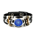 Bracciale multistrato in pelle nera con ciondolo occhio blu e perline in metallo - Stile Malocchio Blu 4 (JY006350-4)
