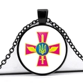 Ukraine emblem glass pendant necklace with trident and sword on black chain - Military Wings Symbol Style (JY006289-10)