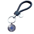 Portachiavi malocchio blu con cinturino in pelle intrecciata nera e ciondolo mandala in vetro - Motivo Caleidoscopio Blu Oro (JY006342-7)