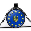 Ukraine coat of arms glass dome pendant necklace with black chain and yellow stars - Trident Star Ring Style (JY006289-12)