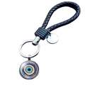 Portachiavi occhio turco blu con cinturino in pelle nera intrecciata e anello argento - Design a Cerchi Concentrici Colorati (JY006342-9)