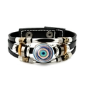 Handmade multilayer black leather bracelet with blue evil eye bead and metal studs - Bohemian Totem Style 9 (JY006350-9)