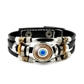Multilayer black leather evil eye bracelet with vintage beads and snap closure - Blue Evil Eye Style 10 (JY006350-10)