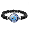 Türkisches Böses Auge Armband mit glänzenden schwarzen Onyxperlen und blauem Nazar Anhänger - Blau Gold Weiß Feine Linien Nazar Stil (JY006339-8)