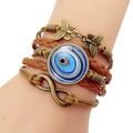 Handmade brown leather layered evil eye bracelet with bronze butterfly and infinity charms - Retro Blue Evil Eye Style (JY006338-8)