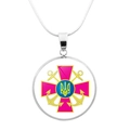 Silver snake chain necklace with round Ukraine naval emblem pendant featuring cross and anchor - Ukraine Navy Badge Style (JY006308-8)