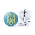 Silver men's shirt cufflinks featuring blue and gold Ukrainian national coat of arms - Gold Trident on Blue (JY006318-6)