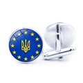 Silver cufflinks featuring Ukraine coat of arms on blue background with stars - Ukraine EU Stars Emblem (JY006318-12)