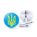 Silver cufflinks featuring a blue and yellow Ukraine trident national emblem design - Blue Sky Yellow Crest (JY006318-17)