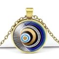 Vintage bronze alloy necklace featuring a blue crystal glass evil eye round pendant - Abstract Geometric Stripe Style (JY006321-11)