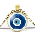 Retro bronze evil eye necklace featuring a blue crystal glass evil eye round pendant - Hand-painted Blue White Style (JY006321-12)