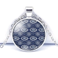 Turkish blue evil eye glass round pendant necklace with silver chain for women - Blue and White Geometric Art Evil Eye Style (JY006323-6)