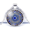 Blue Evil Eye glass pendant necklace with silver mandala pattern and circular base - Mandala Radiant Evil Eye Style (JY006323-7)
