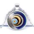 Silver Evil Eye necklace with a blue round glass pendant and matching cable chain - Geometric Spiral Art Texture Style (JY006323-11)