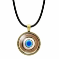 Retro Evil Eye Glasanhänger Halskette mit Bronze-Metallrahmen und schwarzer geflochtener Kordel - Dunkelbrauner Außenring Geometrischer Augen-Stil (JY006343-10)
