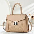 Minimalist beige straw patchwork handbag with silver T-lock for elegant commute - Khaki
