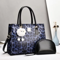 Three-piece women's blue leopard print tote bag with small purse and charm pendant - Blue