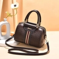 Dark brown woven Boston bag with red-blue striped webbing and golden metal hardware - Coffee