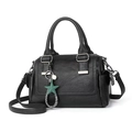 Large capacity black leather Boston handbag with pearl star pendant and shoulder strap - Black