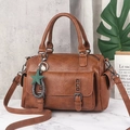 Brown leather Boston bag with vintage texture and stylish star pearl pendant handle - Khaki/Earth Yellow
