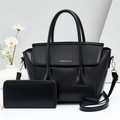 Two-piece black PU leather tote bag set with matching long wallet and gold lettering - Black