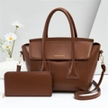 Dark brown faux leather tote bag and matching long zipper wallet two-piece set - Coffee