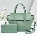 Two-piece bean green leather handbag set with matching long zipper wallet for women - Mint Green