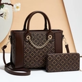 Brown floral printed PU leather tote bag and matching long zipper wallet set - Brown