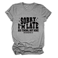 Close-up of gray cotton t-shirt with Sorry I'm Late His Timing print and cross detail - S / Dark Grey (Black Font)
