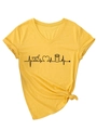Dettaglio della stampa creativa RX battito cardiaco su t-shirt gialla con scollo a V - S / Giallo (Grafica Nera)