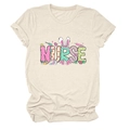 Detail of Nurse graphic with Easter eggs and medical icons on a soft beige T-shirt - S / Sand (Graphic)