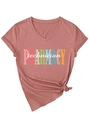 Detail of V-neck dusty pink Pharmacy Technician T-shirt with cuffed sleeves and side knot - Rose Gold (White Graphic)