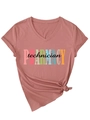 Detail of V-neck women's pharmacy technician t-shirt with side knot and soft pink fabric - Rose Gold (Black Graphic)