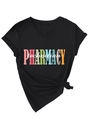 Detail of V-neck pharmacy technician black cotton tee with colorful typography and knot - Black (White Graphic)