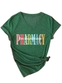 Detail of green V-neck pharmacy technician T-shirt with stylish front knot hem design - Retro Green (White Graphic)