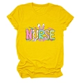 Close-up of bright yellow nurse T-shirt with Easter bunny and medical icons design - S / Yellow (Color Graphic)