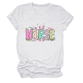 Close-up of Easter Nurse print with bunny ears and colorful eggs on white cotton T-shirt - S / White (Color Graphic)