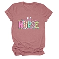Detail view of mauve Easter Nurse T-shirt with bunny ears and colorful medical icons - S / Rose Gold (Color Graphic)